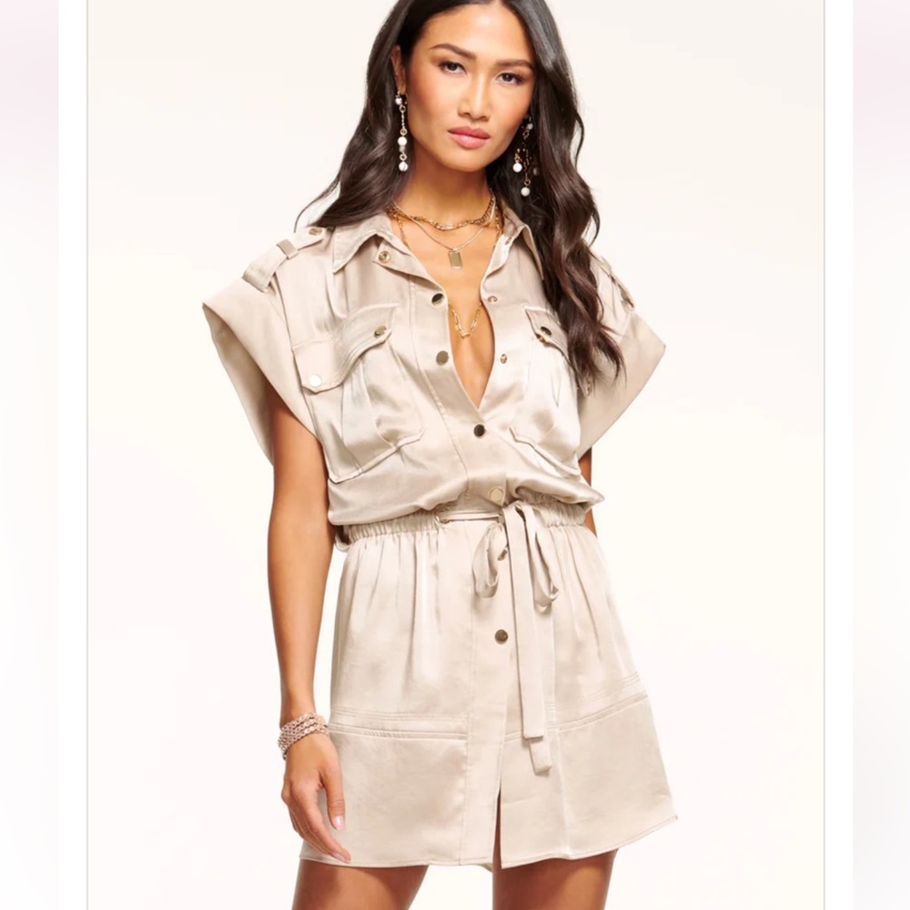 Ramy Brook Vlada satin button down tan mini dress. Small